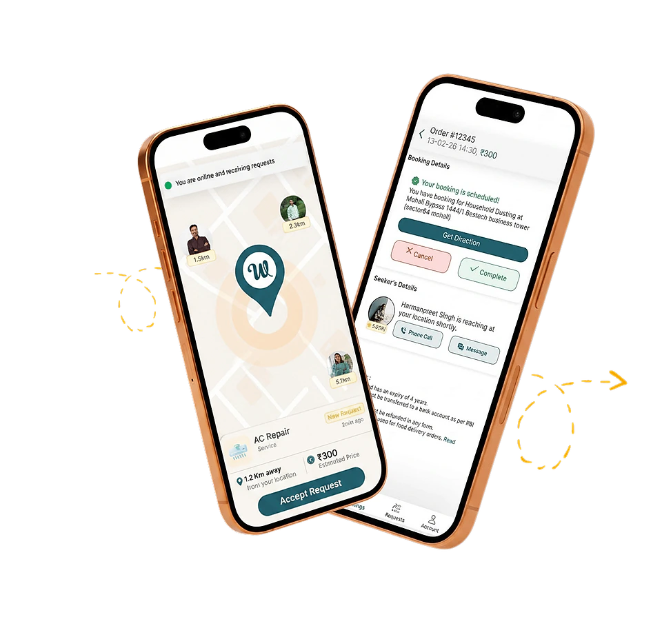 Waayzy home services app showing nearby professionals and live booking